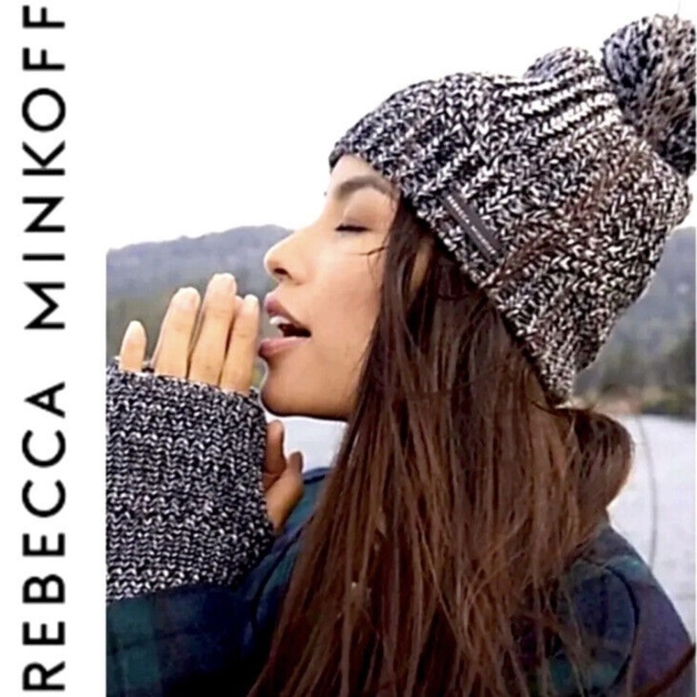 Rebecca Minkoff Marled Pom Pom Beanie/Armwarmer Set Black Gray One Size NWT